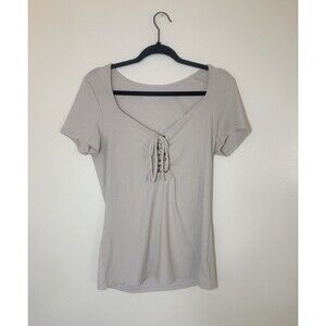 Torrid Super Soft Rib V-Neck Lace Up Top Size 00 M/L 10 Grey Short Sleeve Knit